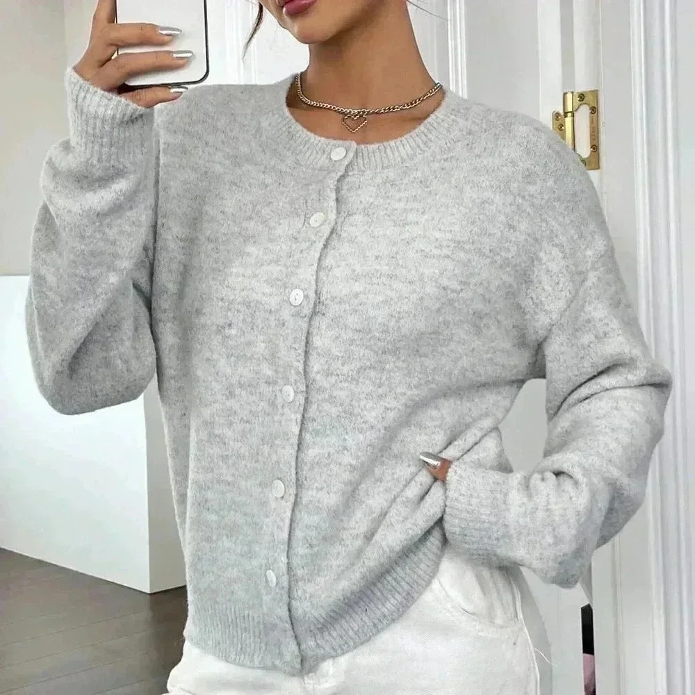 Grey Casual Women's Drop Shoulder Button Front Cardigan